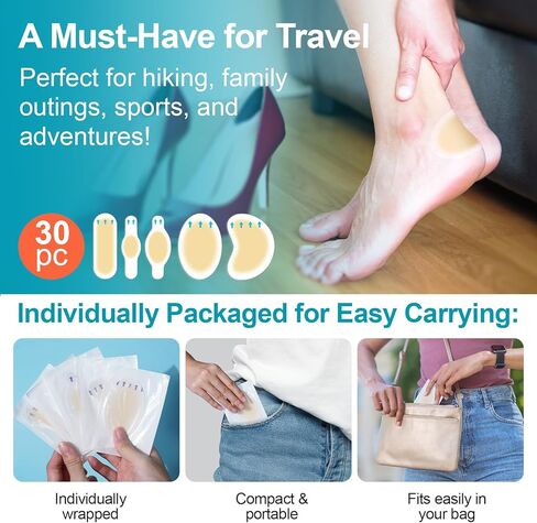 ضمادات هلامية للأقدام 30 قطعة متعددة الأحجام - تقلل من الاحتكاك والاحتكاك، مقاومة للماء والعرق، مغلفة بشكل فردي لاستخدام مريح وصحي أثناء التنقل in Kuwait