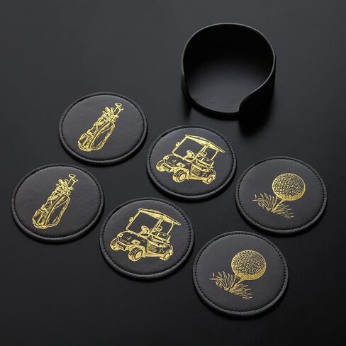 NOBLESIP® Golf Theme Coaster Set of 6 with Holder, Premium Black with Gold Designs, Bar Accessories for Golf Enthusiasts. Unique Decorative Designs. Home bar Gift, Golfer Gift in Saudi Arabia
