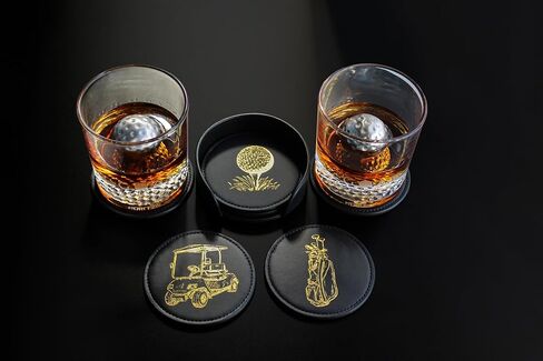 NOBLESIP® Golf Theme Coaster Set of 6 with Holder, Premium Black with Gold Designs, Bar Accessories for Golf Enthusiasts. Unique Decorative Designs. Home bar Gift, Golfer Gift in Saudi Arabia
