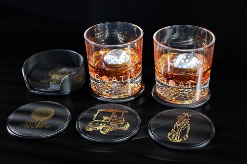 NOBLESIP® Golf Theme Coaster Set of 6 with Holder, Premium Black with Gold Designs, Bar Accessories for Golf Enthusiasts. Unique Decorative Designs. Home bar Gift, Golfer Gift in Saudi Arabia