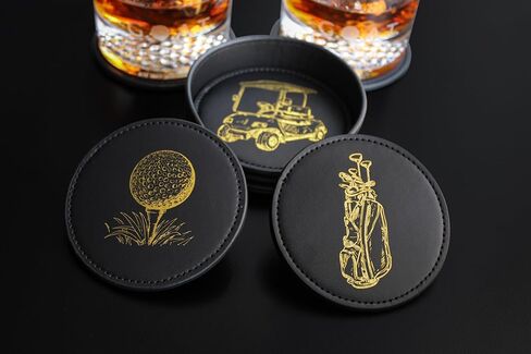 NOBLESIP® Golf Theme Coaster Set of 6 with Holder, Premium Black with Gold Designs, Bar Accessories for Golf Enthusiasts. Unique Decorative Designs. Home bar Gift, Golfer Gift in Saudi Arabia