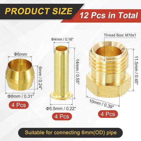 uxcell 4 Set Fit for 6mm Tube Brass Compression Assortment Kit, Sleeve Ferrule & Nut Kit & Insert Tube Fittings for Water Oil Air Pipe in Saudi Arabia