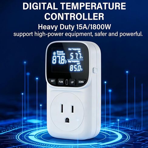 وحدة تحكم رقمية في درجة الحرارة، قابس مقبس ترموستات عالي التحمل 15 أمبير/1800 وات، شاشة عرض VA لمؤقت التحكم في التدفئة والتبريد، مناسبة لحاضنات الدفيئة والمعدات المنزلية، إلخ. in Kuwait