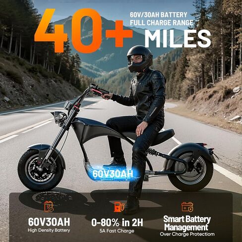 eAhora M1P Electric Motorcycle for Adults, 2000W Motor 37mph, 40+ Miles Range with 60V 30Ah Battery, Full Suspension, Hydraulic Brakes,Street Legal Electric Motorcycle for Commuting in Saudi Arabia