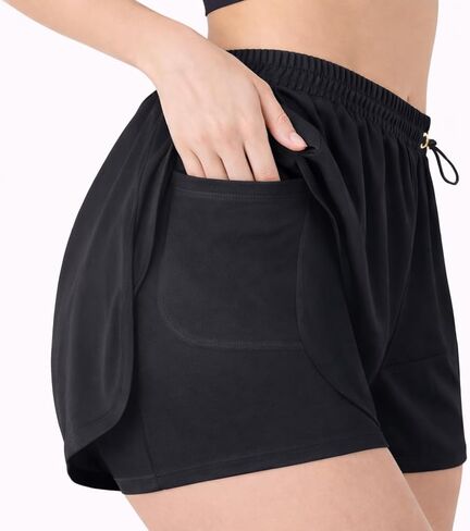 شورت نسائي للجري 2 في 1 برباط وقابل للتمدد للتمارين الرياضية وسريع الجفاف وخفيف الوزن مع جيوب in Kuwait