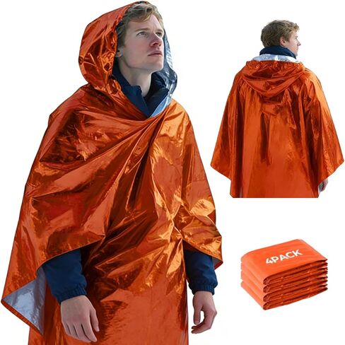 2 Pack Emergency Mylar Ponchos, Waterproof Rain Poncho, Reusable Packable Poncho, Survival Blanket Ponchos for Outdoor Camping & Hiking, Rescue, Car Emergency Kit, Shelter/Tent Cover in Kuwait