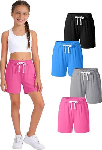HASMES 4 Pack Girls Athletic Shorts Drawstring Quick Dry Basketball Soccer Running Shorts with Pockets in Kuwait