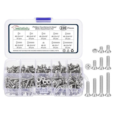 مجموعة متنوعة من مسامير الماكينة من ميتاليكسيتي فيليبس (#6-32) 220 قطعة، طقم براغي أدوات برأس مسطح من الفولاذ المقاوم للصدأ مع صامولة سداسية - للتثبيت المعدني الداخلي، فضي in Kuwait