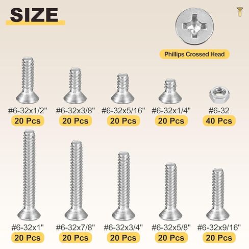 مجموعة متنوعة من مسامير الماكينة من ميتاليكسيتي فيليبس (#6-32) 220 قطعة، طقم براغي أدوات برأس مسطح من الفولاذ المقاوم للصدأ مع صامولة سداسية - للتثبيت المعدني الداخلي، فضي in Kuwait