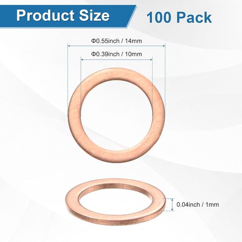 M METERXITY 100-Pack Copper Washers, Metric M10x14x1mm Copper Sealing Washers for Bolts Screws Nuts for Automotive/Machinery/Plumbing, Flat Metal Flat Ring in Kuwait