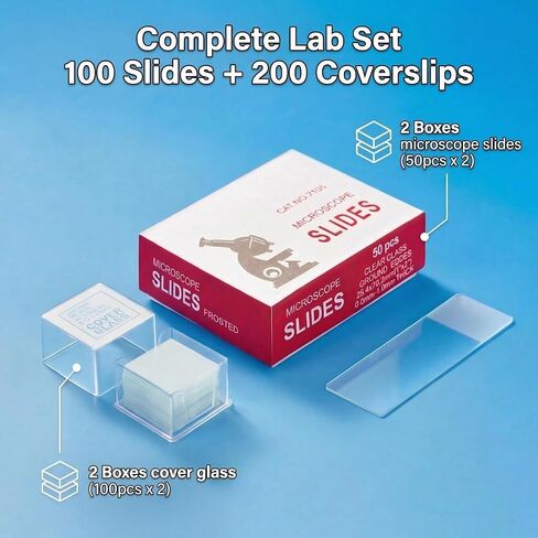 مجموعة شرائح وأغطية مجهرية مكونة من 300 قطعة (100 شريحة + 200 شريحة غطاء)، زجاج عديم اللون تم تنظيفه مسبقًا مع نهاية بلوري، حواف مصقولة وزوايا أمان بزاوية 45 درجة للمختبر والفصول الدراسية والمدرسة المنزلية والعلوم والتكنولوجيا والهندسة والرياضيات in Kuwait