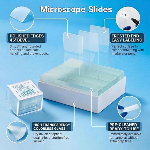 مجموعة شرائح وأغطية مجهرية مكونة من 300 قطعة (100 شريحة + 200 شريحة غطاء)، زجاج عديم اللون تم تنظيفه مسبقًا مع نهاية بلوري، حواف مصقولة وزوايا أمان بزاوية 45 درجة للمختبر والفصول الدراسية والمدرسة المنزلية والعلوم والتكنولوجيا والهندسة والرياضيات in Kuwait
