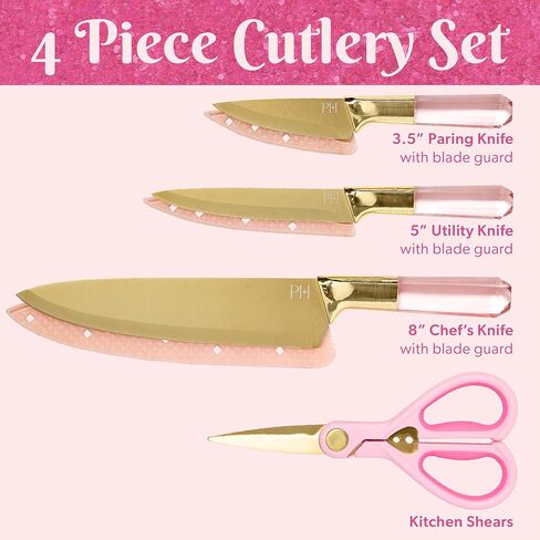 Paris Hilton Stainless Steel Knife Set with Jewel Shaped Handles and Gold Blades, Iconic Cutlery Set, 4-Piece, Pink in Saudi Arabia