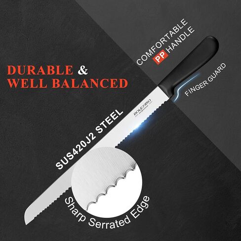 سكين خبز مسنن مقاس 12 بوصة للخبز المنزلي، سكين حافة متموجة واسعة من الفولاذ المقاوم للصدأ، سكين مطبخ متعدد الأغراض، قطاعة كعكة فعالة، سكين خباز حاد للغاية لتقطيع الخبز القشري والكعك in Kuwait