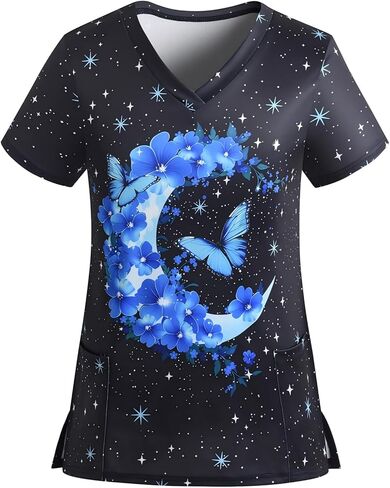 Scrub Tops for Women Stretchy Short Sleeve Cute Vneck Printed Working Uniforms Holiday Nursing Shirt with 2 Pockets in Kuwait