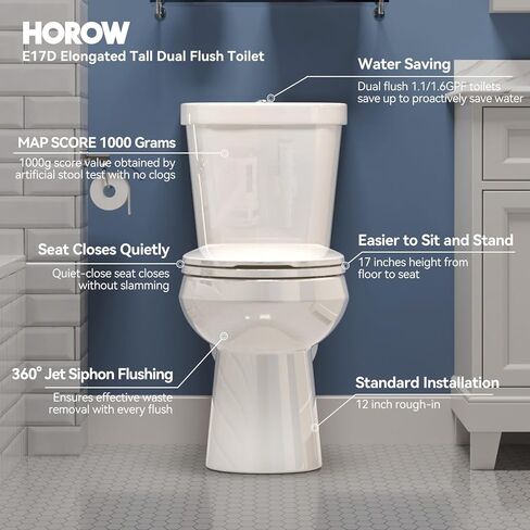 مرحاض HOROW بطول 17 بوصة مع ارتفاع كرسي ADA، مرحاض من قطعتين مع تدفق مزدوج 1.1/1.6 GPF، MAP 1000 جرام، وعاء طويل جدًا للأشخاص طويل القامة وكبار السن، HR-E17D in Kuwait