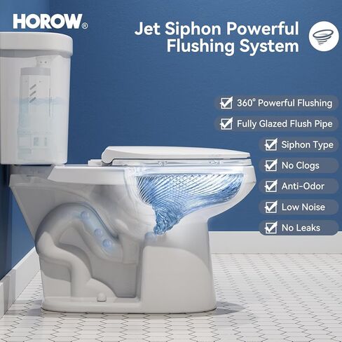 مرحاض HOROW بطول 17 بوصة مع ارتفاع كرسي ADA، مرحاض من قطعتين مع تدفق مزدوج 1.1/1.6 GPF، MAP 1000 جرام، وعاء طويل جدًا للأشخاص طويل القامة وكبار السن، HR-E17D in Kuwait