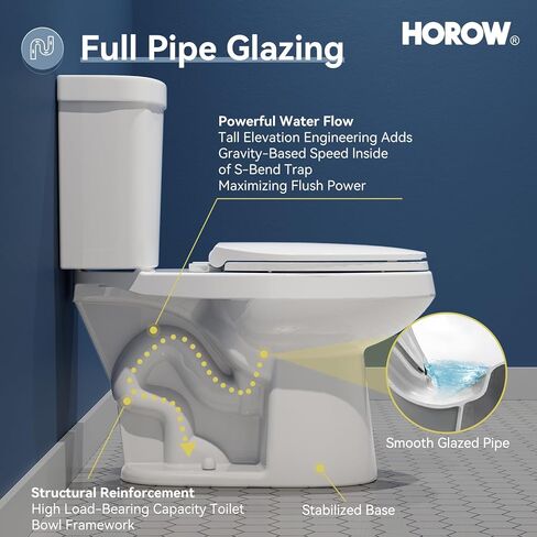 مرحاض HOROW بطول 17 بوصة مع ارتفاع كرسي ADA، مرحاض من قطعتين مع تدفق مزدوج 1.1/1.6 GPF، MAP 1000 جرام، وعاء طويل جدًا للأشخاص طويل القامة وكبار السن، HR-E17D in Kuwait
