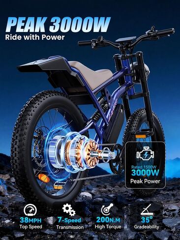 35 MPH Electric Bike for Adults, 3000W Peak Power Electric Motorcycle, 24" Fat Tire Electric Mountain Bike, 48V 20.8Ah Battery, All Terrain Ebike for Mountains, Beach, Snow, Sand in Saudi Arabia