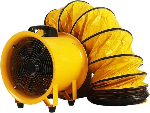 مروحة منفاخ متعددة الاستخدامات مقاس 12 بوصة مع خرطوم قناة مرن بطول 16 قدمًا، ومروحة عادم تهوية صناعية عالية السرعة 2882 قدم مكعب في الدقيقة، ومروحة تهوية محورية محمولة مع محرك محمل كروي لورشة العمل، والطابق السفلي، وموقع العمل in Kuwait