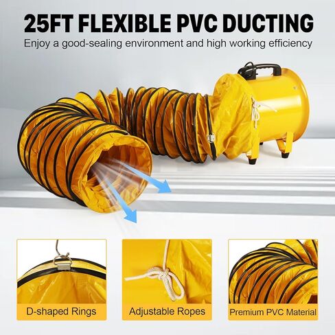 مروحة منفاخ متعددة الاستخدامات مقاس 12 بوصة مع خرطوم قناة مرن بطول 16 قدمًا، ومروحة عادم تهوية صناعية عالية السرعة 2882 قدم مكعب في الدقيقة، ومروحة تهوية محورية محمولة مع محرك محمل كروي لورشة العمل، والطابق السفلي، وموقع العمل in Kuwait