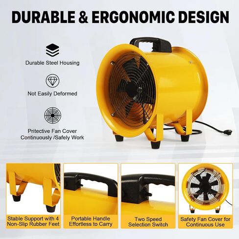 مروحة منفاخ متعددة الاستخدامات مقاس 12 بوصة مع خرطوم قناة مرن بطول 16 قدمًا، ومروحة عادم تهوية صناعية عالية السرعة 2882 قدم مكعب في الدقيقة، ومروحة تهوية محورية محمولة مع محرك محمل كروي لورشة العمل، والطابق السفلي، وموقع العمل in Kuwait