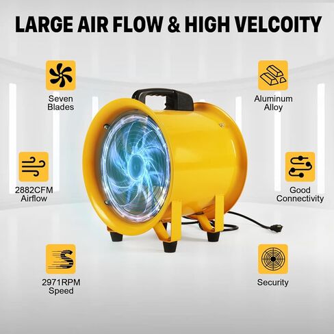 مروحة منفاخ متعددة الاستخدامات مقاس 12 بوصة مع خرطوم قناة مرن بطول 16 قدمًا، ومروحة عادم تهوية صناعية عالية السرعة 2882 قدم مكعب في الدقيقة، ومروحة تهوية محورية محمولة مع محرك محمل كروي لورشة العمل، والطابق السفلي، وموقع العمل in Kuwait