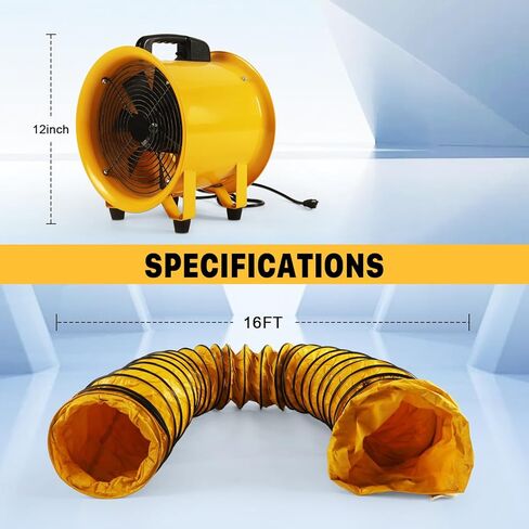 مروحة منفاخ متعددة الاستخدامات مقاس 12 بوصة مع خرطوم قناة مرن بطول 16 قدمًا، ومروحة عادم تهوية صناعية عالية السرعة 2882 قدم مكعب في الدقيقة، ومروحة تهوية محورية محمولة مع محرك محمل كروي لورشة العمل، والطابق السفلي، وموقع العمل in Kuwait