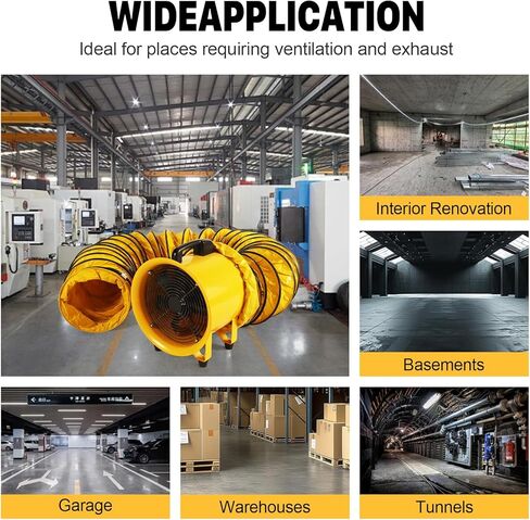 مروحة منفاخ متعددة الاستخدامات مقاس 12 بوصة مع خرطوم قناة مرن بطول 16 قدمًا، ومروحة عادم تهوية صناعية عالية السرعة 2882 قدم مكعب في الدقيقة، ومروحة تهوية محورية محمولة مع محرك محمل كروي لورشة العمل، والطابق السفلي، وموقع العمل in Kuwait