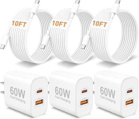 60W USB C Fast Charger for iPhone 17/Air/17 Pro/17 Pro Max/16/15 Pro Max, 3-Pack 60W Dual Port Type C Charger Block & 6FT USB-C Cable, PD 3.0 Super Fast Charging for iPad Pro 13/12.9/11, Air 7/6, Mini in Saudi Arabia