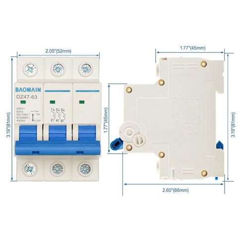 Baomain Miniature Circuit Breaker 3-Pole 3A DZ47-63 C3 400VAC, DIN Rail Mount MCB 3P, for Electrical Distribution and Lighting Circuits in Saudi Arabia