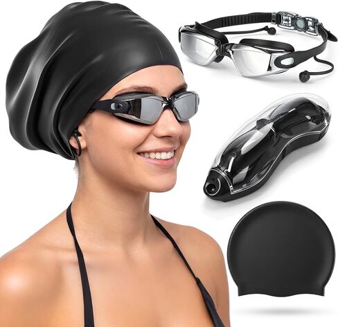 Unittype Large Swim Cap and Goggles Set, Swimming Goggles with Case & Large Size Silicone Cap for Adult, Leak-Proof Comfortable Swim Gear for Men Women in Saudi Arabia