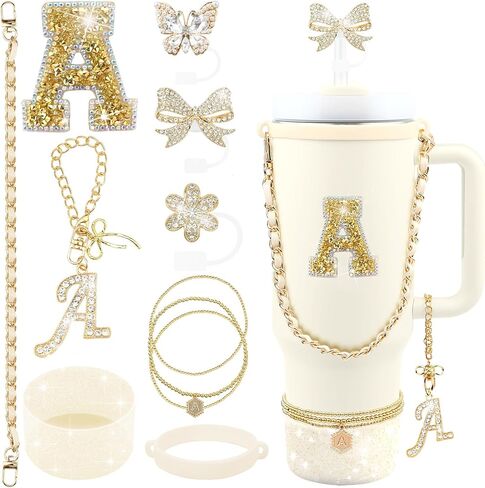 11PCS Gold for Stanley Cup Accessories Set 30/40 OZ Bling Rhinestones Bow Initials Charms for Stanley Decorations Tumbler Accessories Including Butterfly Straw Toppers, Tumbler Boot in Saudi Arabia