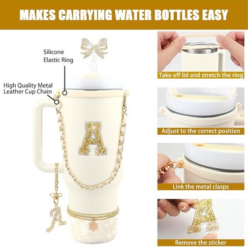 11PCS Gold for Stanley Cup Accessories Set 30/40 OZ Bling Rhinestones Bow Initials Charms for Stanley Decorations Tumbler Accessories Including Butterfly Straw Toppers, Tumbler Boot in Saudi Arabia