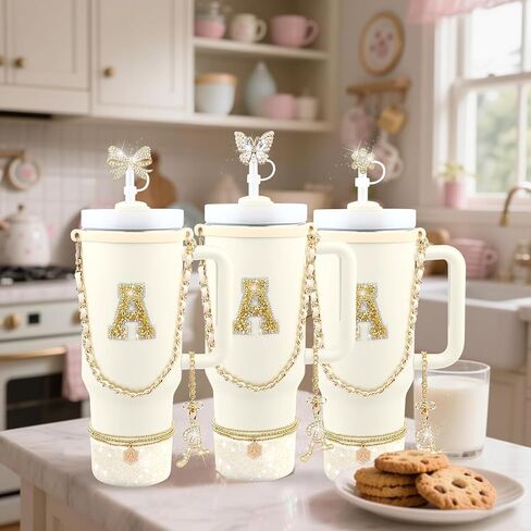 11PCS Gold for Stanley Cup Accessories Set 30/40 OZ Bling Rhinestones Bow Initials Charms for Stanley Decorations Tumbler Accessories Including Butterfly Straw Toppers, Tumbler Boot in Saudi Arabia