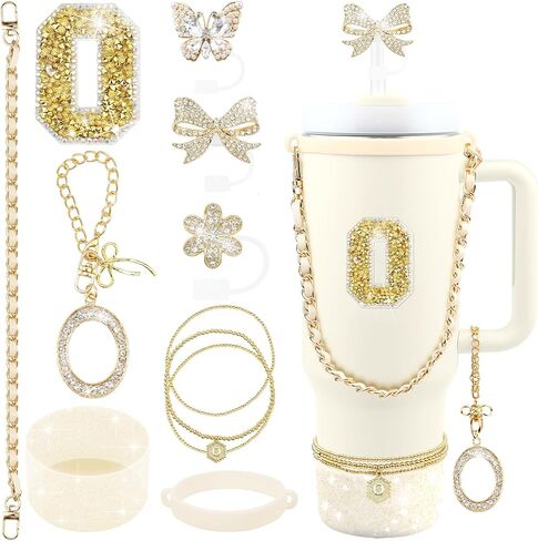 11PCS Gold for Stanley Cup Accessories Set 30/40 OZ Bling Rhinestones Bow Initials Charms for Stanley Decorations Tumbler Accessories Including Butterfly Straw Toppers, Tumbler Boot in Saudi Arabia
