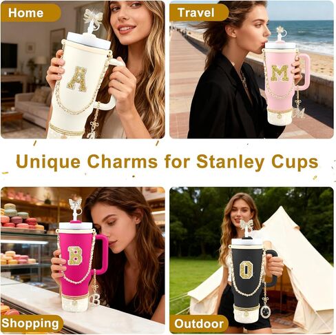 11PCS Gold for Stanley Cup Accessories Set 30/40 OZ Bling Rhinestones Bow Initials Charms for Stanley Decorations Tumbler Accessories Including Butterfly Straw Toppers, Tumbler Boot in Saudi Arabia