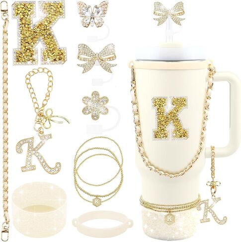 11PCS Gold for Stanley Cup Accessories Set 30/40 OZ Bling Rhinestones Bow Initials Charms for Stanley Decorations Tumbler Accessories Including Butterfly Straw Toppers, Tumbler Boot in Saudi Arabia