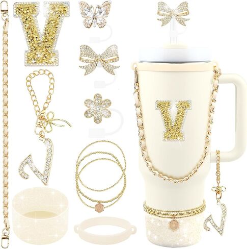 11PCS Gold for Stanley Cup Accessories Set 30/40 OZ Bling Rhinestones Bow Initials Charms for Stanley Decorations Tumbler Accessories Including Butterfly Straw Toppers, Tumbler Boot in Saudi Arabia