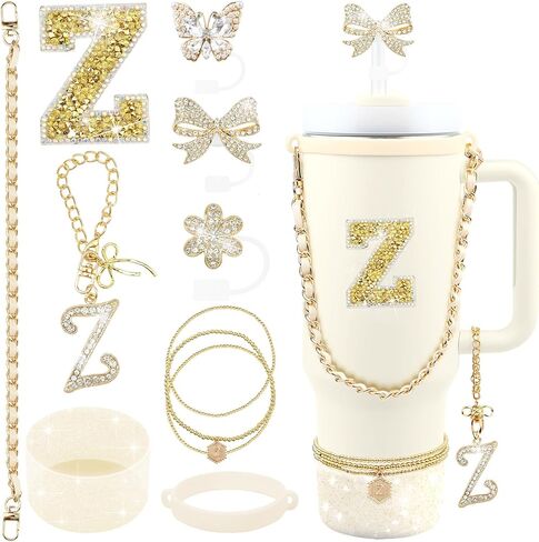 11PCS Gold for Stanley Cup Accessories Set 30/40 OZ Bling Rhinestones Bow Initials Charms for Stanley Decorations Tumbler Accessories Including Butterfly Straw Toppers, Tumbler Boot in Saudi Arabia