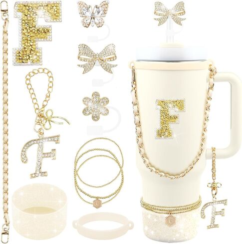 11PCS Gold for Stanley Cup Accessories Set 30/40 OZ Bling Rhinestones Bow Initials Charms for Stanley Decorations Tumbler Accessories Including Butterfly Straw Toppers, Tumbler Boot in Saudi Arabia