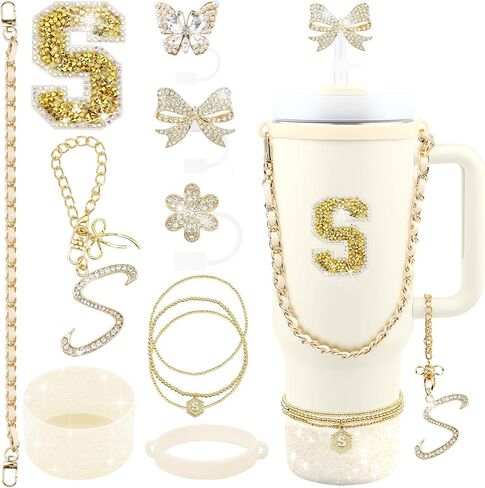 11PCS Gold for Stanley Cup Accessories Set 30/40 OZ Bling Rhinestones Bow Initials Charms for Stanley Decorations Tumbler Accessories Including Butterfly Straw Toppers, Tumbler Boot in Saudi Arabia