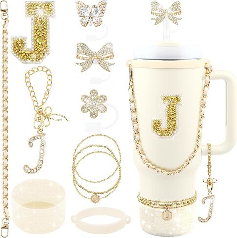 11PCS Gold for Stanley Cup Accessories Set 30/40 OZ Bling Rhinestones Bow Initials Charms for Stanley Decorations Tumbler Accessories Including Butterfly Straw Toppers, Tumbler Boot in Saudi Arabia
