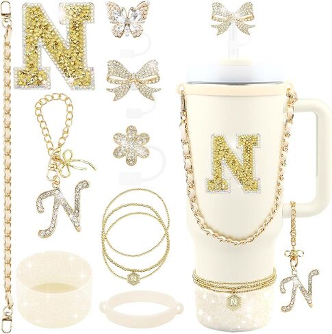 11PCS Gold for Stanley Cup Accessories Set 30/40 OZ Bling Rhinestones Bow Initials Charms for Stanley Decorations Tumbler Accessories Including Butterfly Straw Toppers, Tumbler Boot in Saudi Arabia