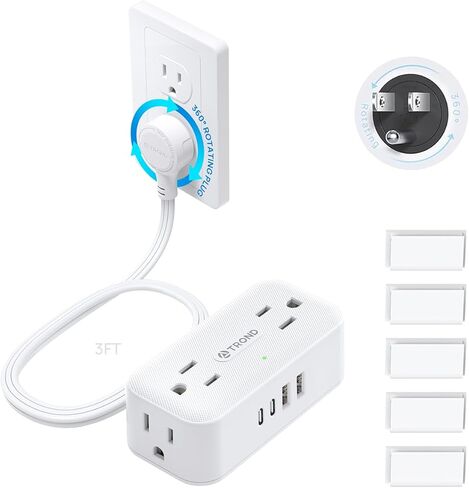TROND 360° Rotating Flat Plug Short Extension Cord 3FT - Low Profile Power Strip Mountable, 4 AC 4 USB, 900J, 13A/1625W, Compact for Tight Spaces Hard Reach Outlet in Bedroom Home Office Dorm, White in Kuwait