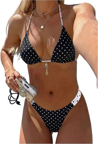 BEAUDRM المرأة 2 قطعة منقطة بيكيني مجموعة الرسن سلسلة عالية قطع ثونغ عكسها الاستحمام الدعاوى منتجع ارتداء in Kuwait