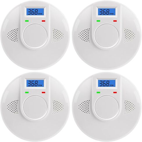 كاشف الدخان وأول أكسيد الكربون، كاشف دخان 2 في 1 مع شاشة LCD وLED، إنذار حريق يعمل بالبطارية للمنزل والشقق والمركبات الترفيهية والسفر، أبيض، 4 عبوات in Kuwait