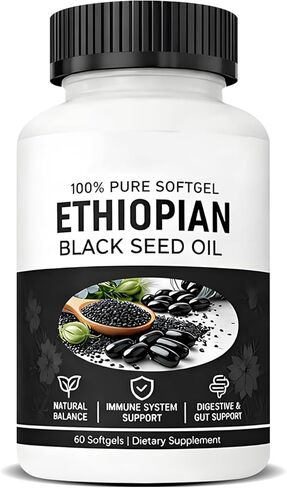 زيت الحبة السوداء الإثيوبي النقي، زيت الحبة السوداء الإثيوبي المغذي النقي، معصور على البارد من بذور الكمون الأسود النقي، غني بالثيموكينون، غير معدل وراثيًا، خالي من الغلوتين، 60 كبسولة هلامية in Kuwait
