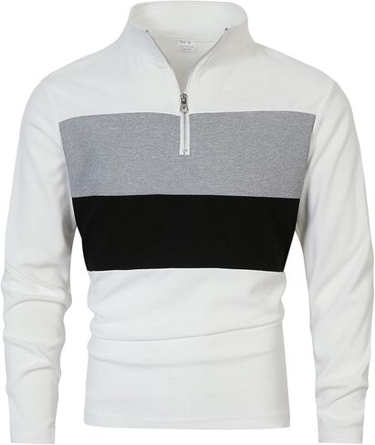 Men's Color Block Half Zip Polo Collar Long Sleeve Sweatshirt Perfect for Casual Wear and Business Casual Outfits (White,Small) in Saudi Arabia
