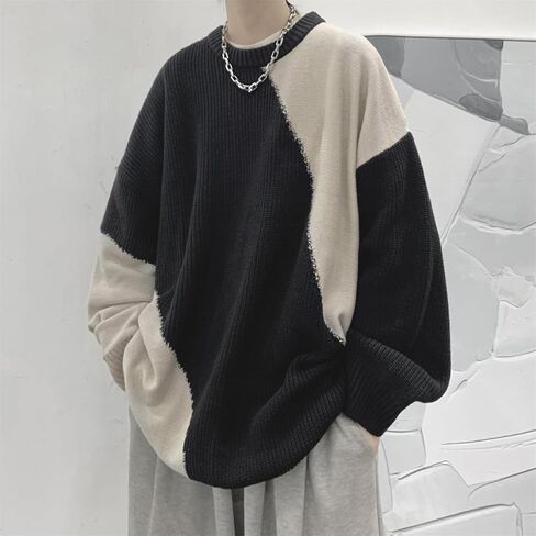 Men Aesthetic Crewneck Sweater Vintage Panel Coquette Sweatshirt Oversized Knitted Long Sleeve Clothes Punk Streetwear in Saudi Arabia